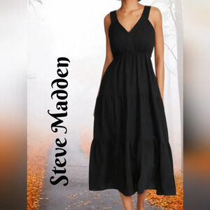 Steve Madden Womens Midi Dress Sz S Black All Cotton Gauzy Tiered Adj Button